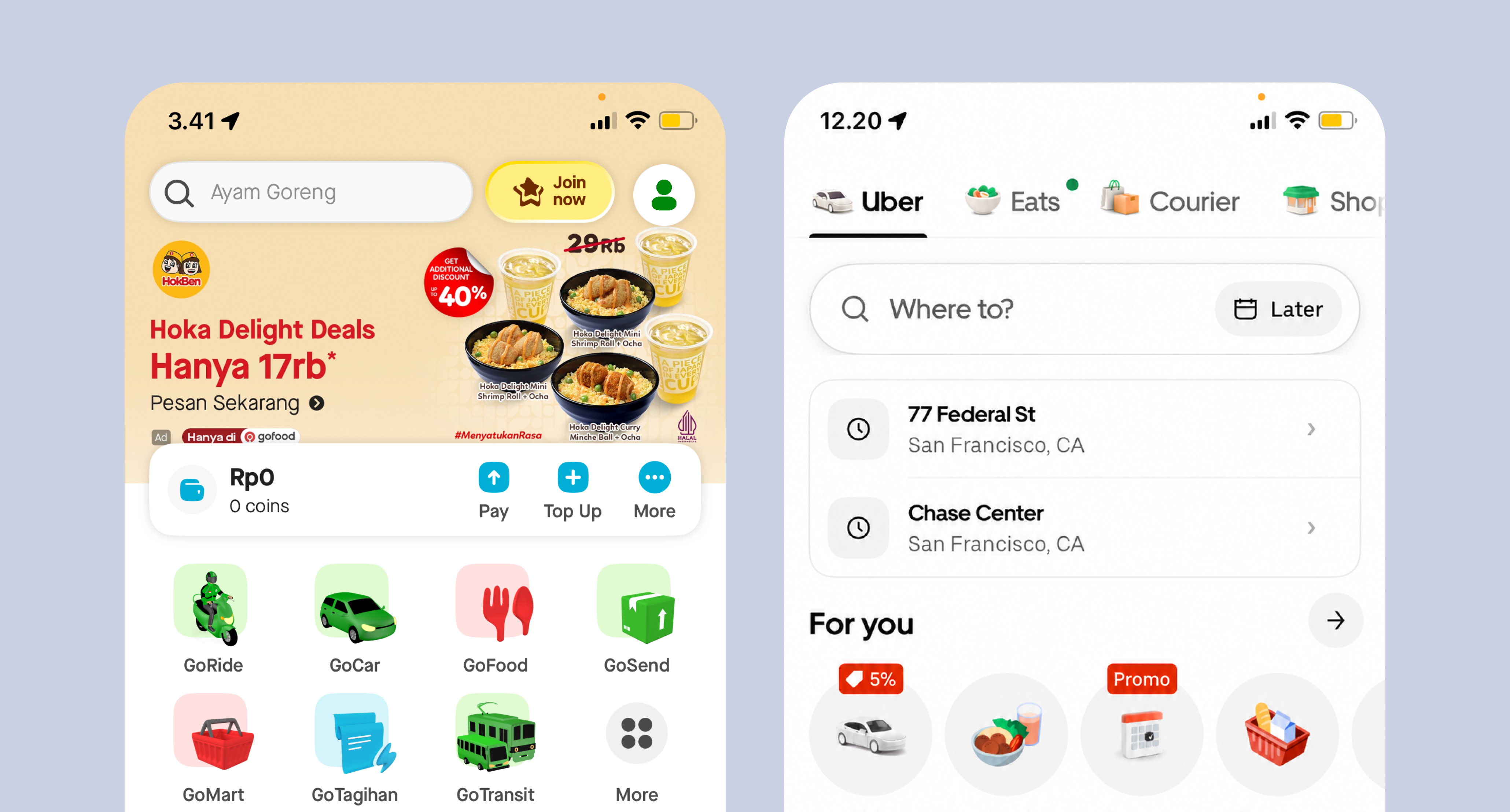 Gojek and Uber home screens side by side, comparing their services and navigation.