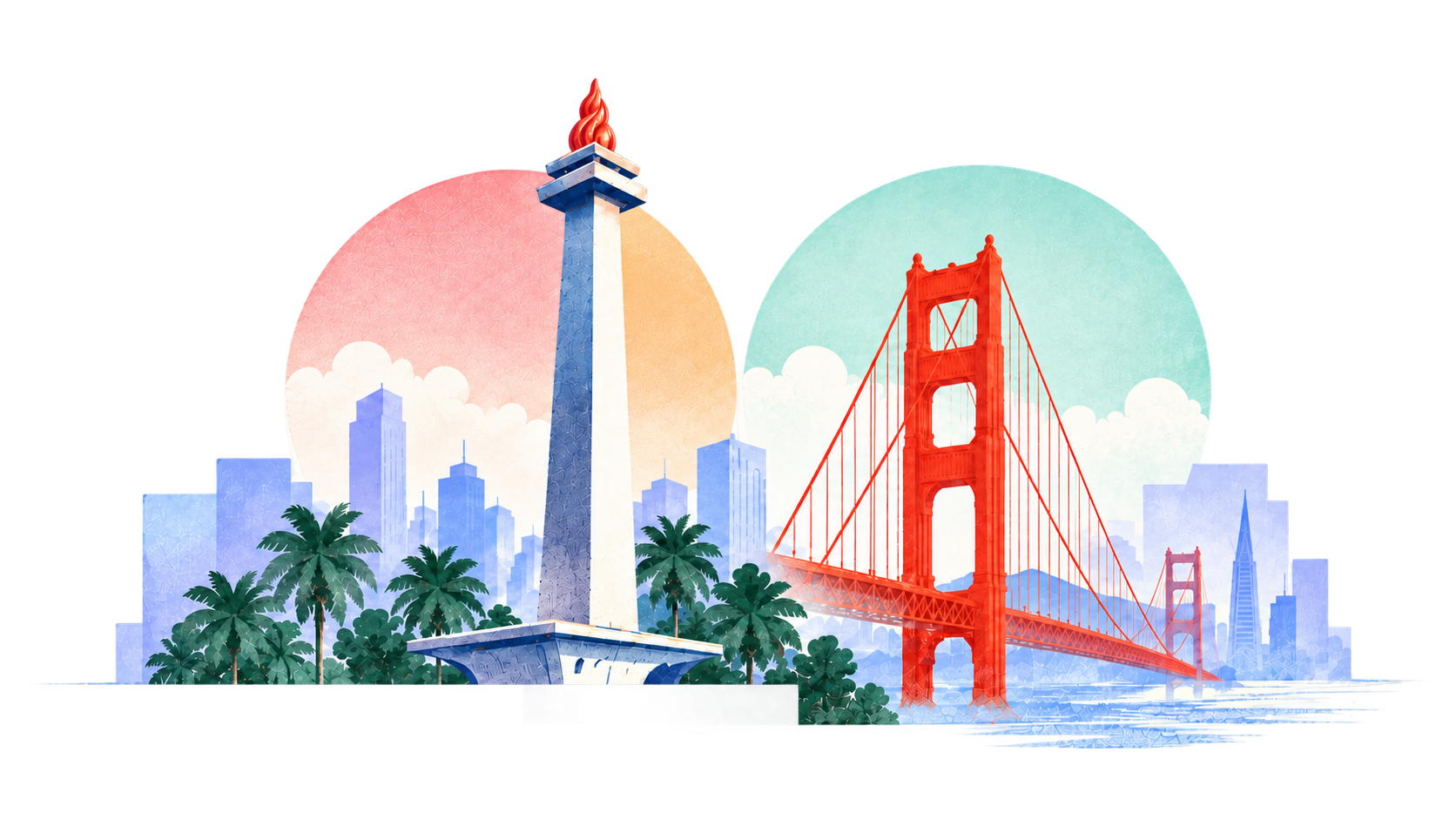 Illustration of Jakarta’s National Monument and San Francisco’s Golden Gate Bridge