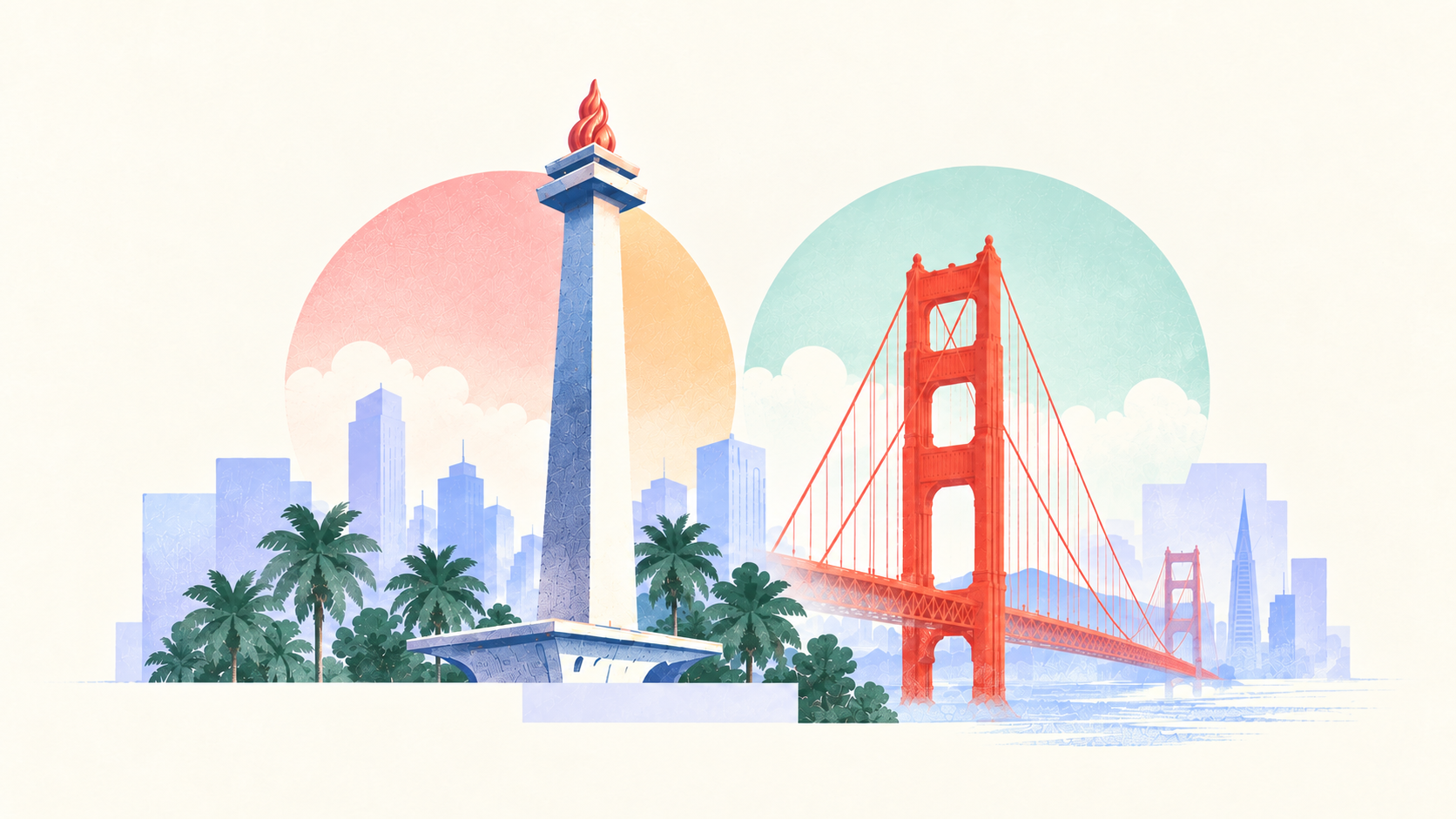 Illustration of Jakarta’s National Monument and San Francisco’s Golden Gate Bridge