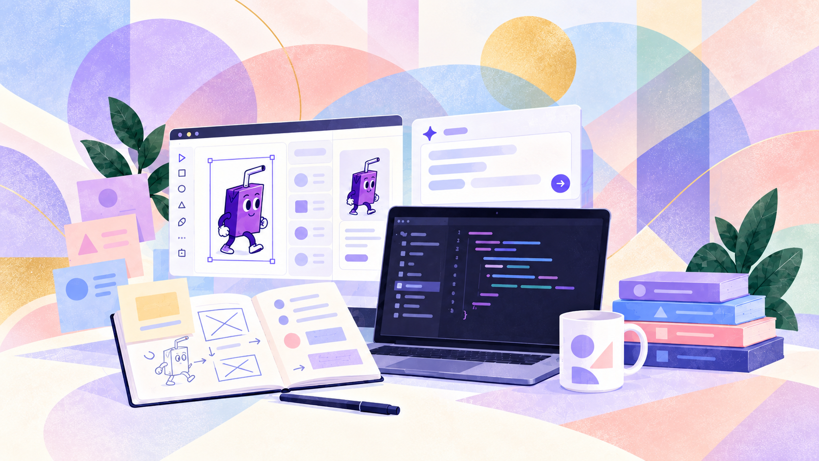 Illustration of a design workspace with a Juicebox character, AI tools, a code editor, and a sketchbook