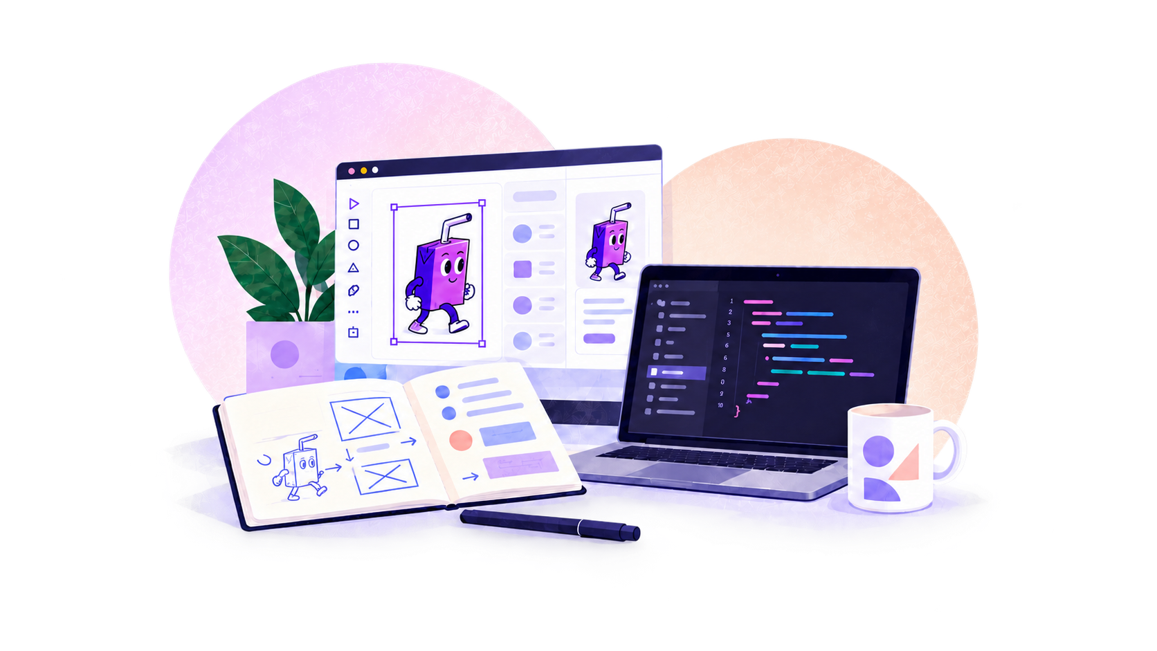 Illustration of a design workspace with a Juicebox character, AI tools, a code editor, and a sketchbook